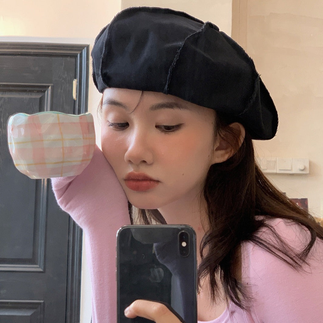 Black Cute Vintage Aesthetic Denim Stitching Thin Beret