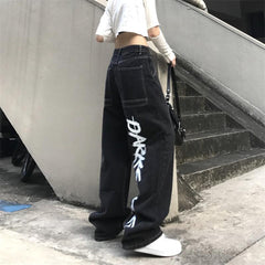 Black Dark Style Letters Back Print Loose Denim Pants