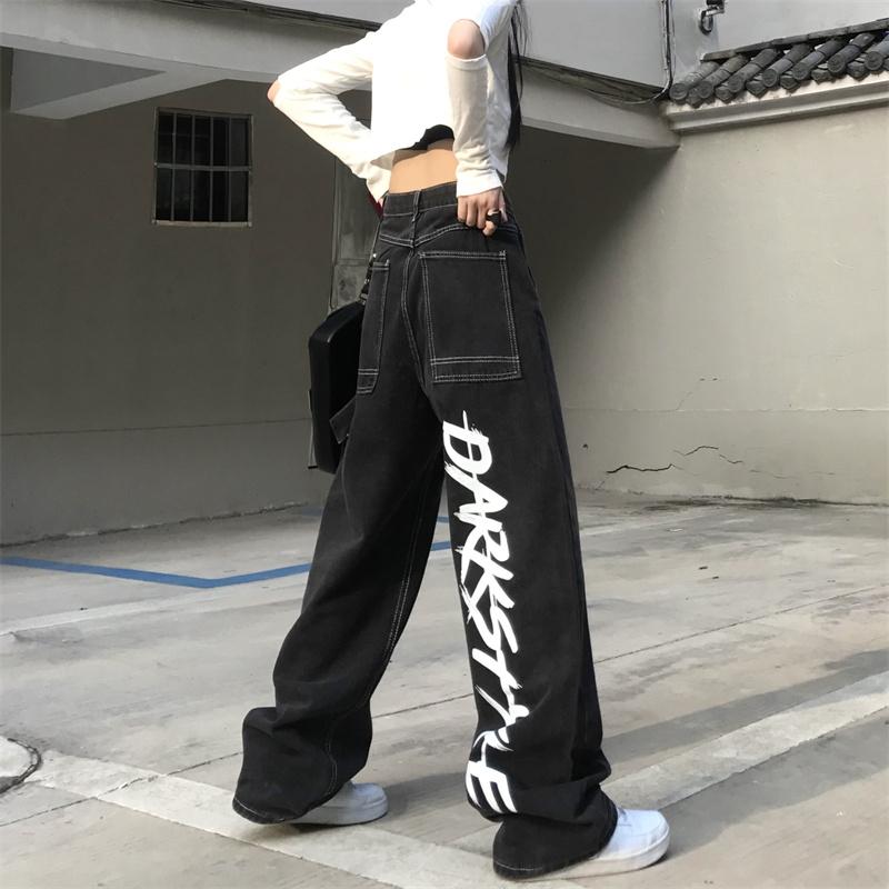 Black Dark Style Letters Back Print Loose Denim Pants