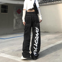 Black Dark Style Letters Back Print Loose Denim Pants