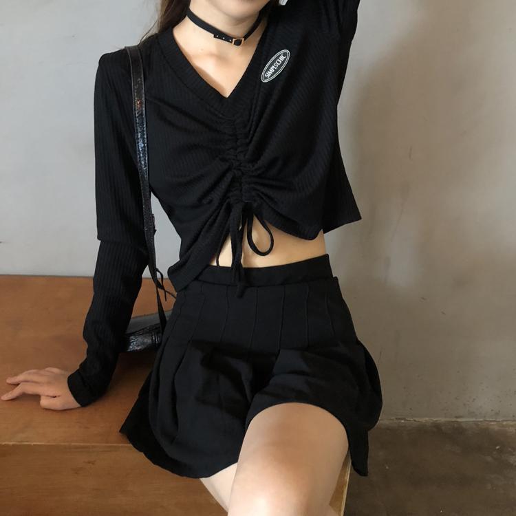 Black Drawstring Tie Long Sleeve Cropped Top