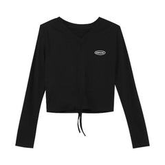 Black Drawstring Tie Long Sleeve Cropped Top