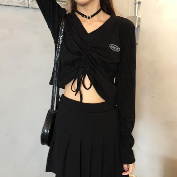 Black Drawstring Tie Long Sleeve Cropped Top