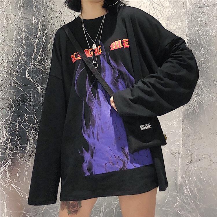 Black Flames Letters Print Oversized Long Sleeve Shirt