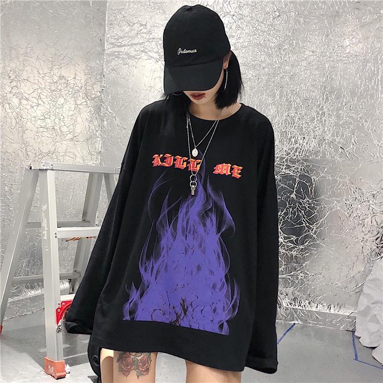 Black Flames Letters Print Oversized Long Sleeve Shirt