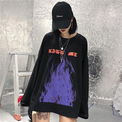 Black Flames Letters Print Oversized Long Sleeve Shirt