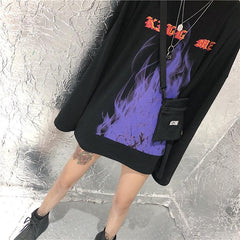 Black Flames Letters Print Oversized Long Sleeve Shirt