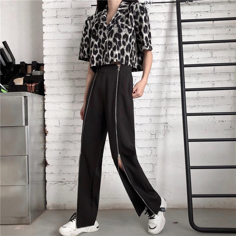 Black Front Zipper High Waist Techwear Casual Pants