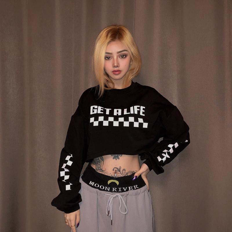 Black Get A Life Print Grunge Girl Cropped Sweatshirt