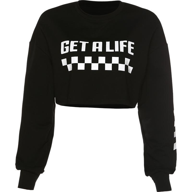 Black Get A Life Print Grunge Girl Cropped Sweatshirt