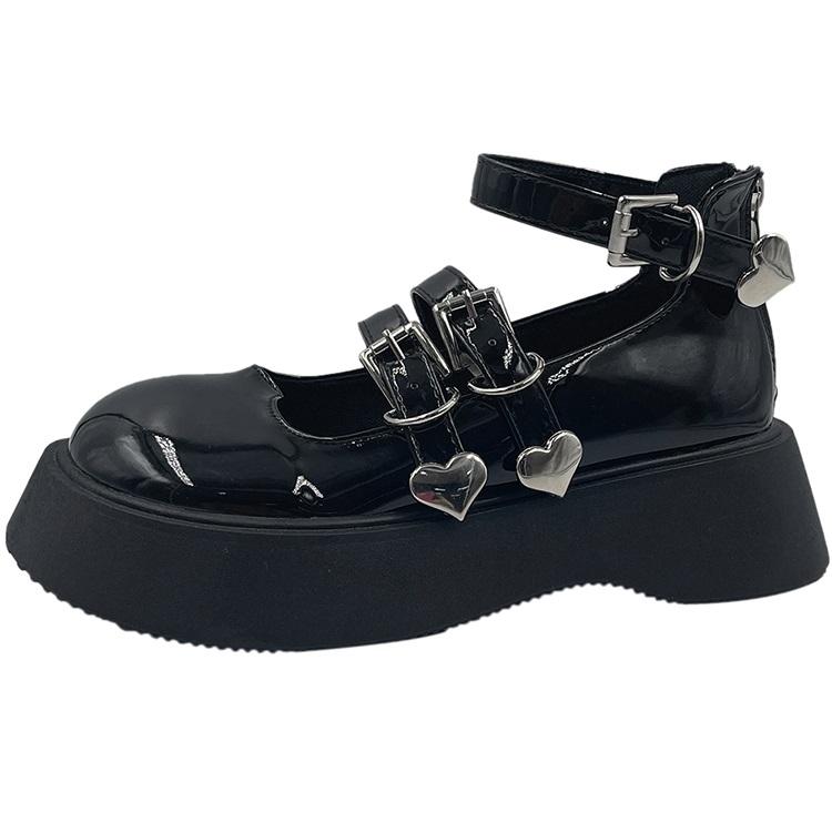 Black Glossy Lolita Heart Buckle Thick Sole Shoes