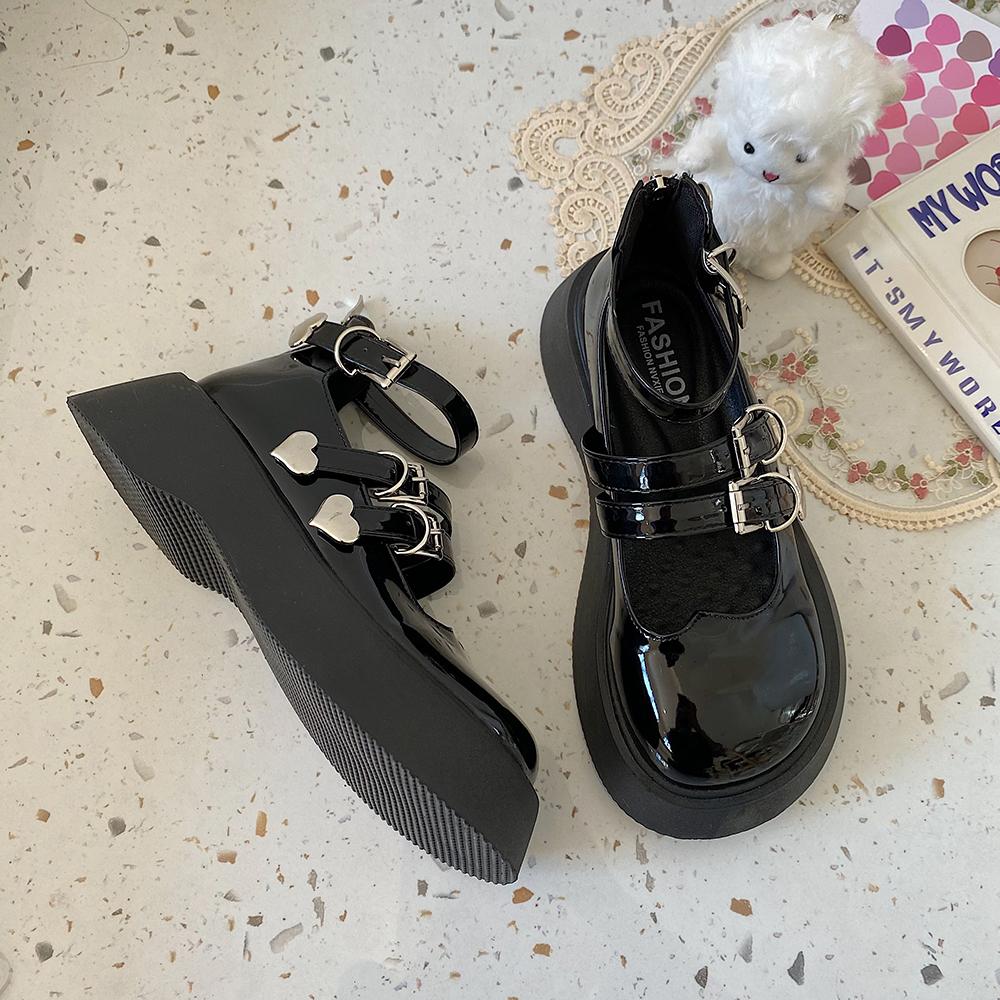 Black Glossy Lolita Heart Buckle Thick Sole Shoes