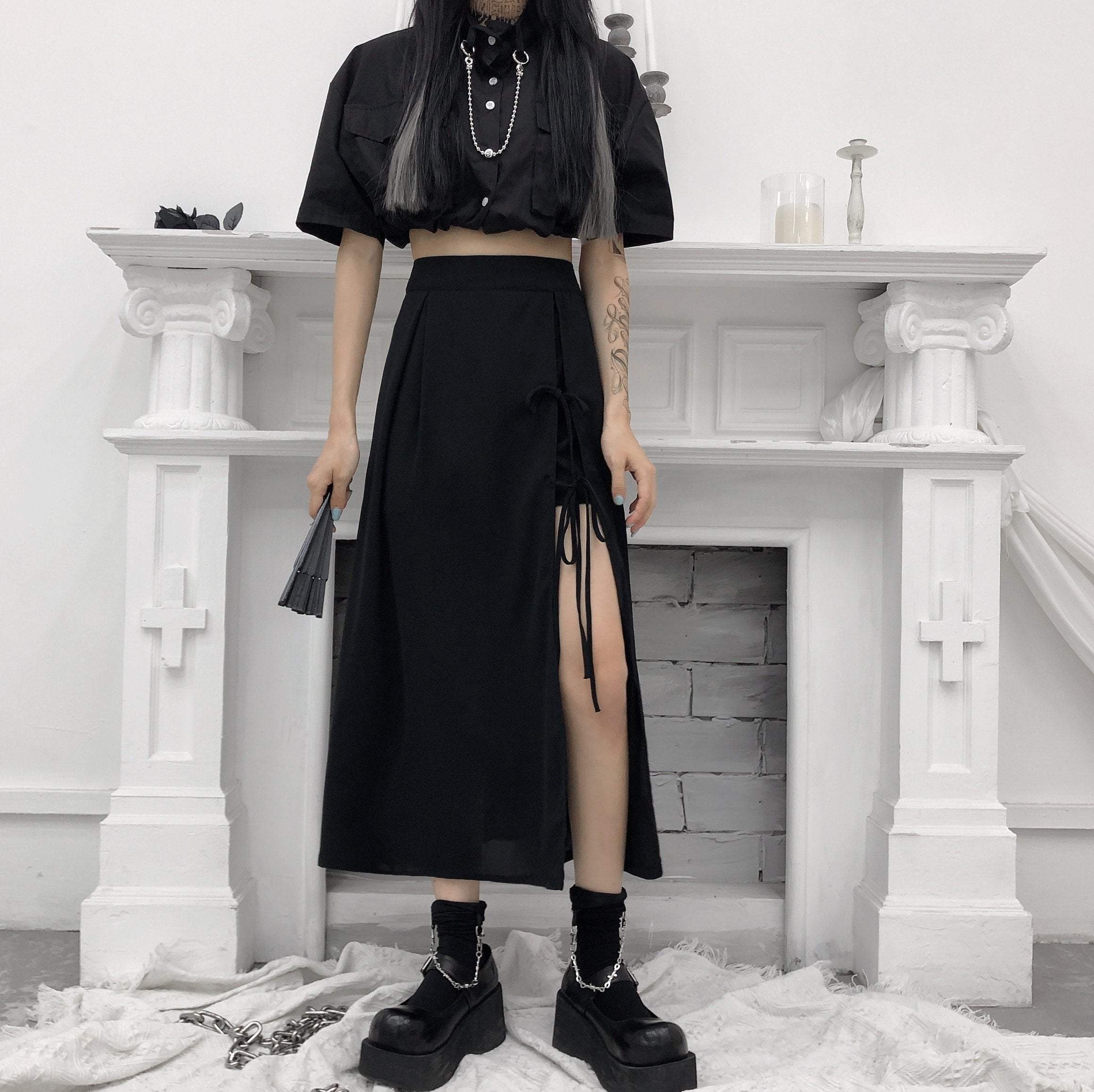 Black Goth Aesthetic Irregular Long Skirt