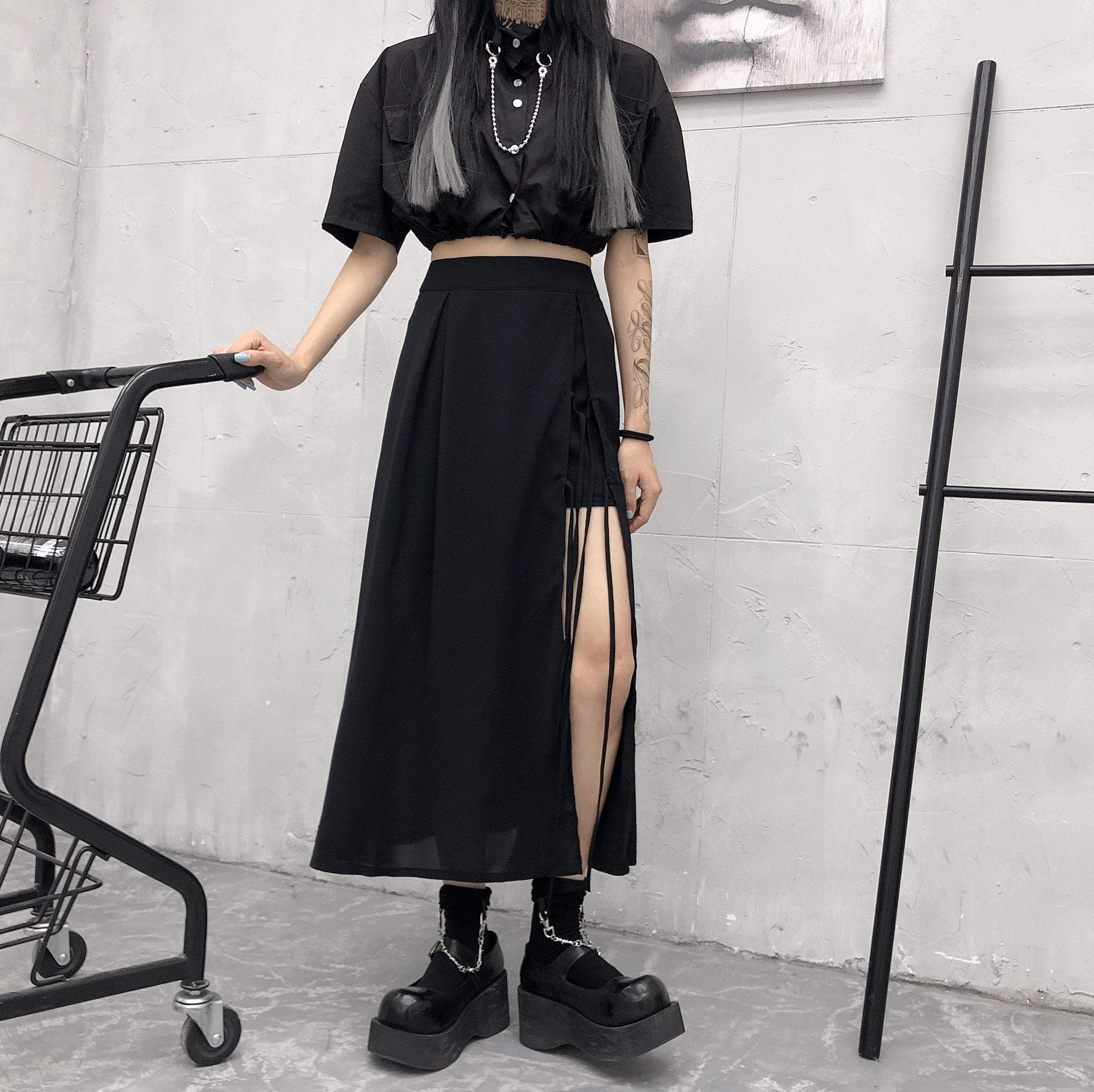 Black Goth Aesthetic Irregular Long Skirt