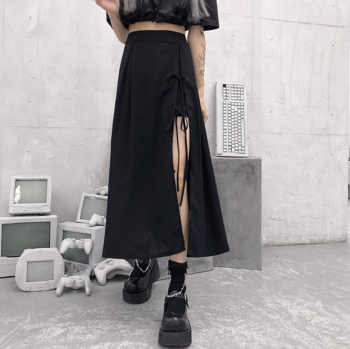 Black Goth Aesthetic Irregular Long Skirt