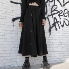 Black Goth Aesthetic Metal Ring Long Skirt