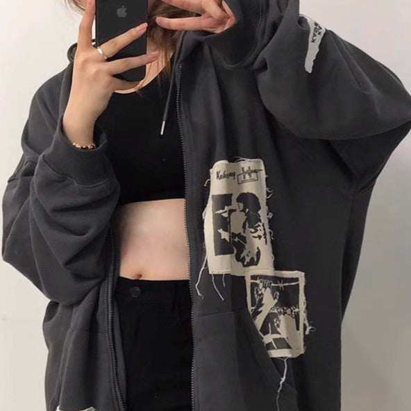 Black Gray Grunge Aesthetic Patches Loose Hoodie