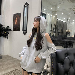 Black Gray Moon Print Open Shoulders Oversized Hoodie