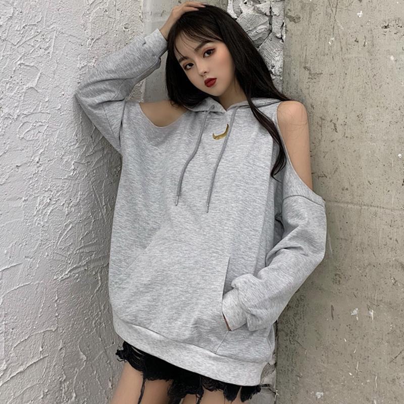 Black Gray Moon Print Open Shoulders Oversized Hoodie