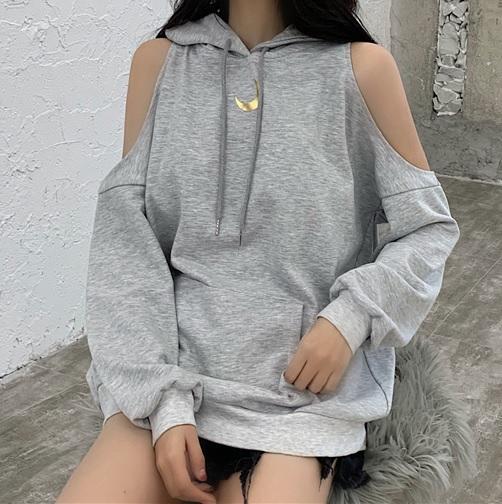 Black Gray Moon Print Open Shoulders Oversized Hoodie