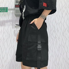 Black Gray Pockets Straps Loose Elastic Waist Shorts