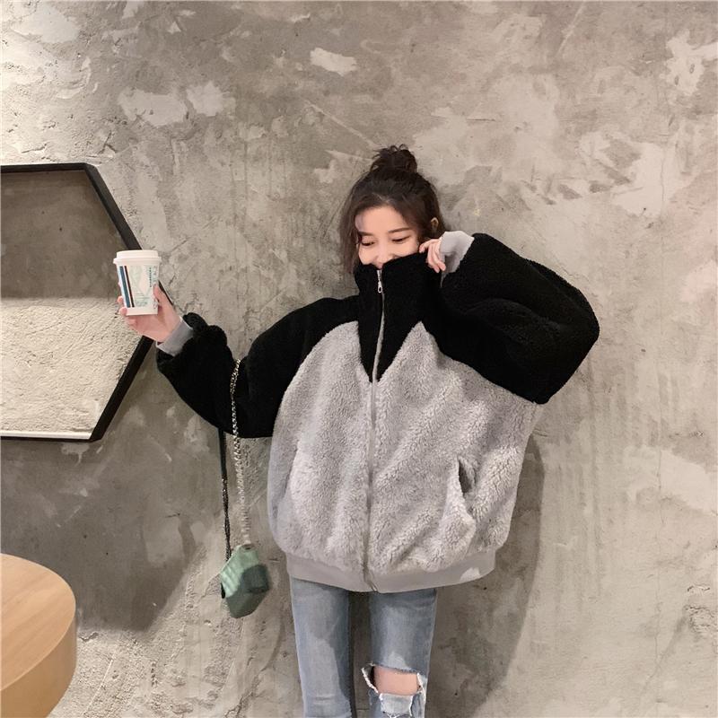 Black Gray V Shape Design Faux Fur Jacket