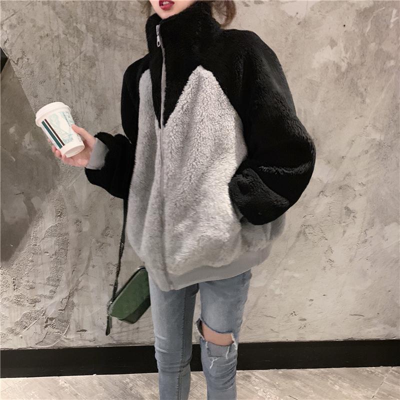 Black Gray V Shape Design Faux Fur Jacket