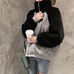 Black Gray V Shape Design Faux Fur Jacket