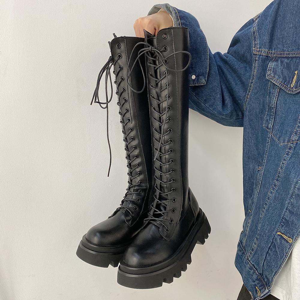 Black Grunge Aesthetic Knee-High Combat Boots