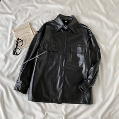 Black Grunge Aesthetic Pu Leather Loose Shirt Jacket