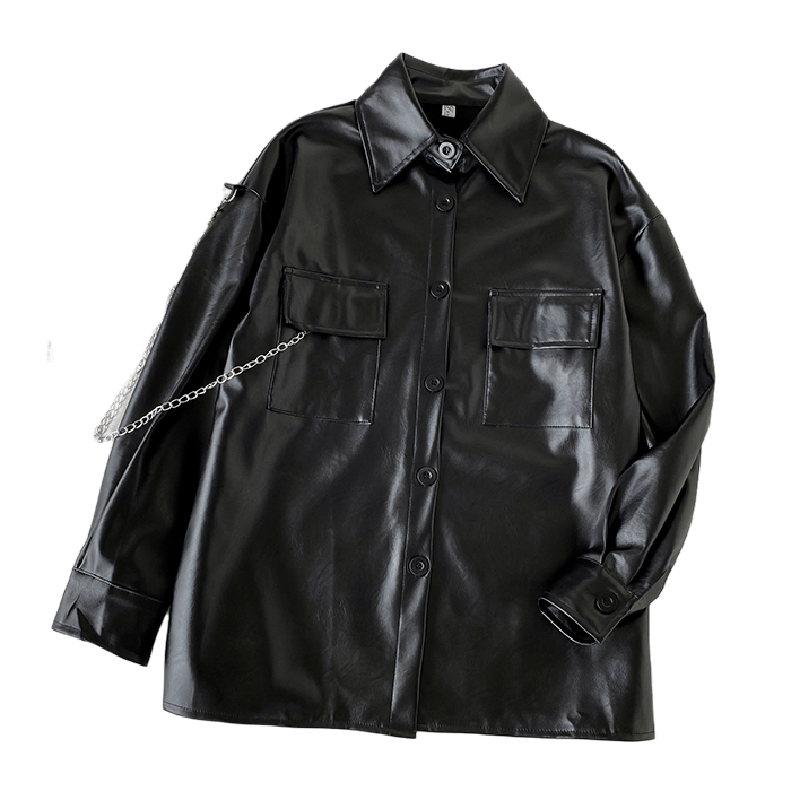 Black Grunge Aesthetic Pu Leather Loose Shirt Jacket