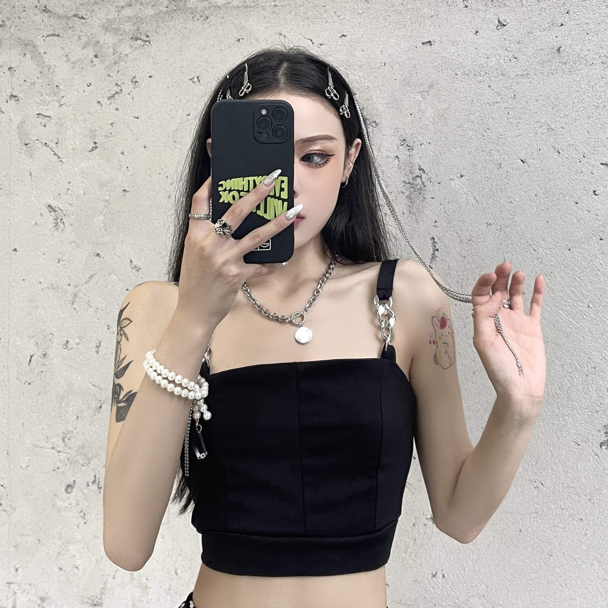 Black Grunge Girl Metal Chain Straps Crop Top