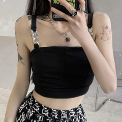 Black Grunge Girl Metal Chain Straps Crop Top