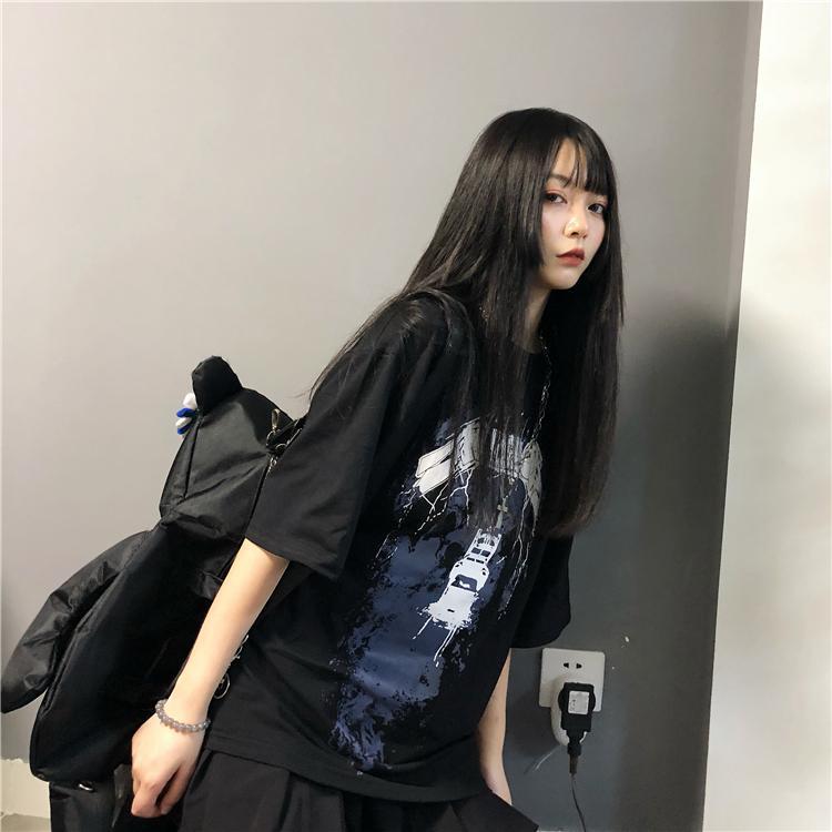 Black Grunge Rock Print Oversized T-Shirt