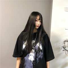 Black Grunge Rock Print Oversized T-Shirt