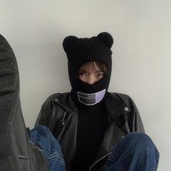 Black Grunge Style Ears Knitted Face Mask Hat