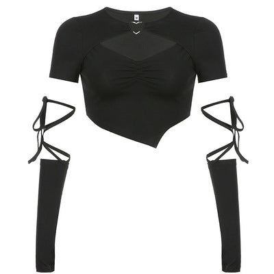 Black Heart Buckle Cutout Sleeve Straps Crop Top