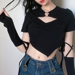 Black Heart Buckle Cutout Sleeve Straps Crop Top