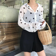 Black Hearts White Chiffon Collar Long Sleeve Blouse