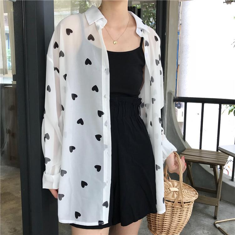 Black Hearts White Chiffon Collar Long Sleeve Blouse