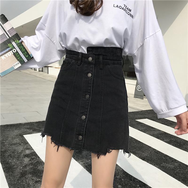 Black High Waist Front Buttons Denim Mini Skirt