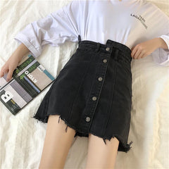 Black High Waist Front Buttons Denim Mini Skirt