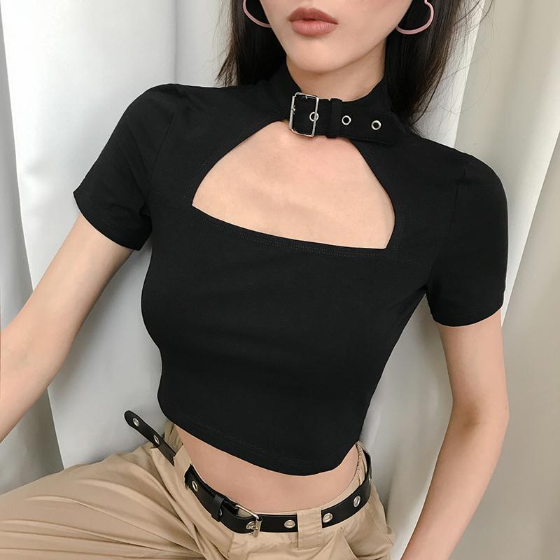 Black Hollow Out Belt Collar Cropped Top