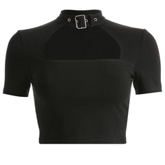 Black Hollow Out Belt Collar Cropped Top