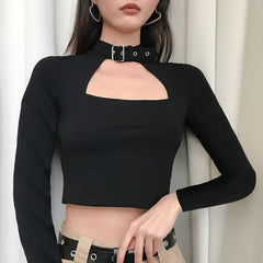 Black Hollow Out Belt Collar Long Sleeved Cropped Top