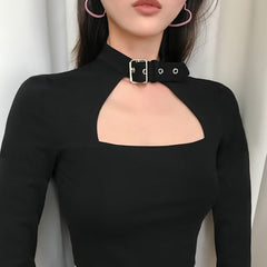 Black Hollow Out Belt Collar Long Sleeved Cropped Top