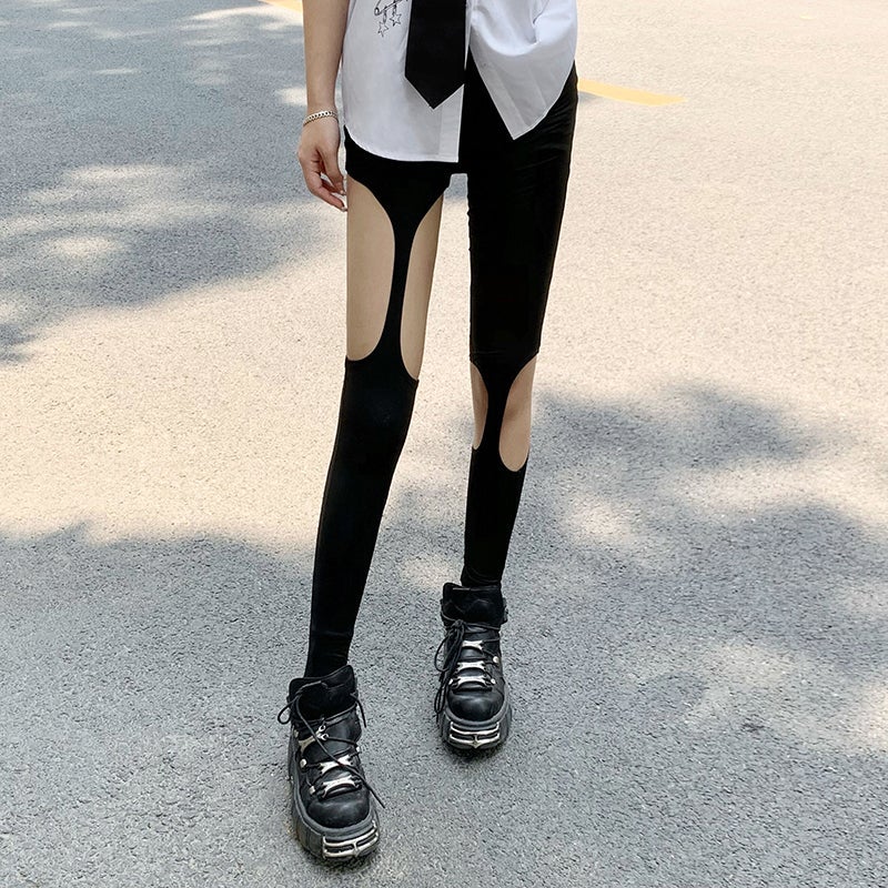 Black Hollow Out Slim Leggings