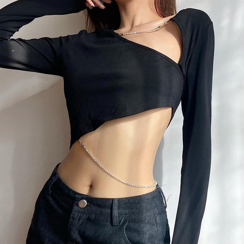 Black Irregular Cutouts Chains Thin Cropped Shirt