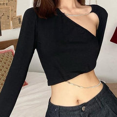 Black Irregular Cutouts Chains Thin Cropped Shirt