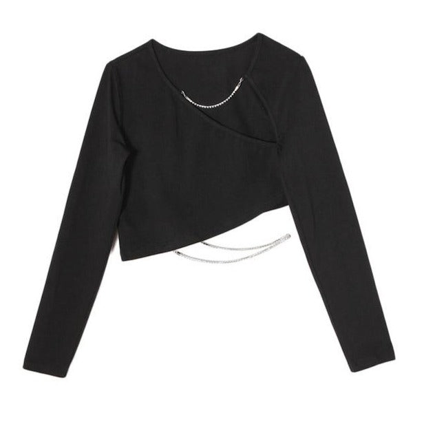 Black Irregular Cutouts Chains Thin Cropped Shirt